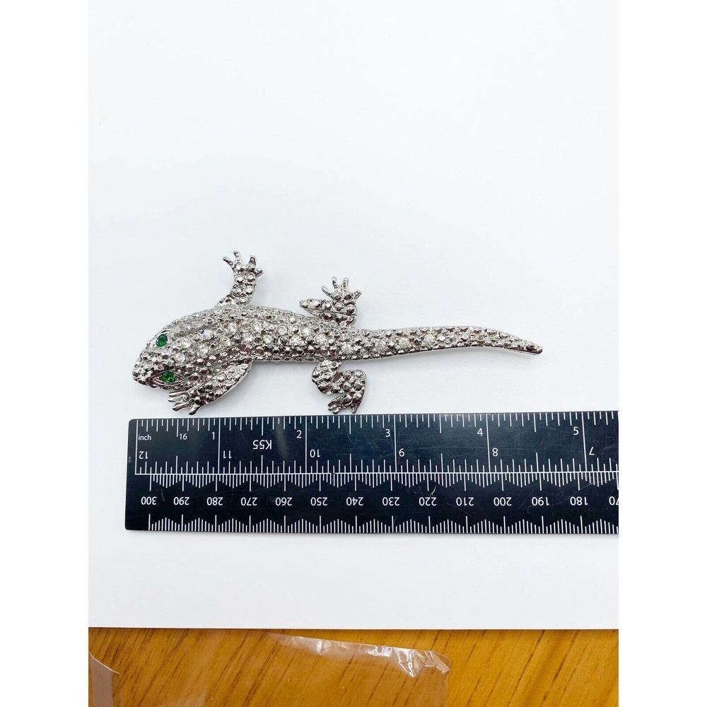 Large Silver Tone Clear Rhinestone Green Eye Lizard Gecko Brooch Pin Figural - Picture 4 of 5